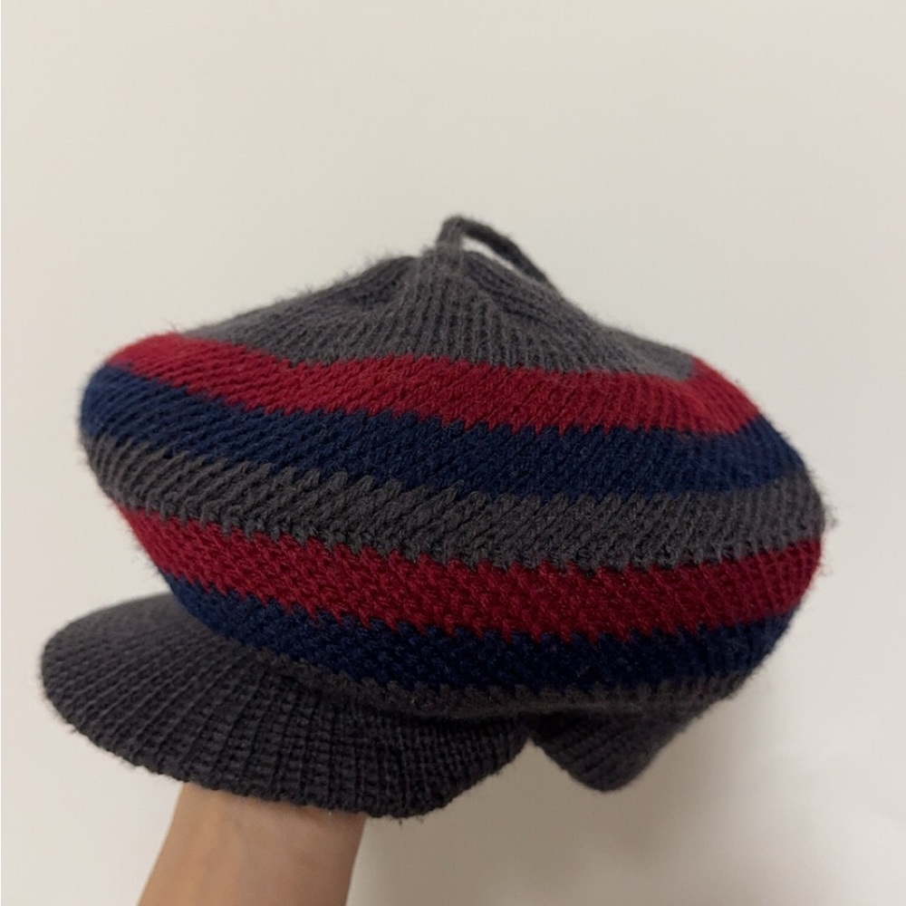 Striped Knit Beret - Gray, Red, and Blue